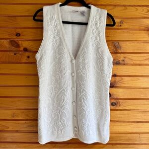 Vintage 90s Cream White Embroidered Sweater Vest M | Cottagecore Knit